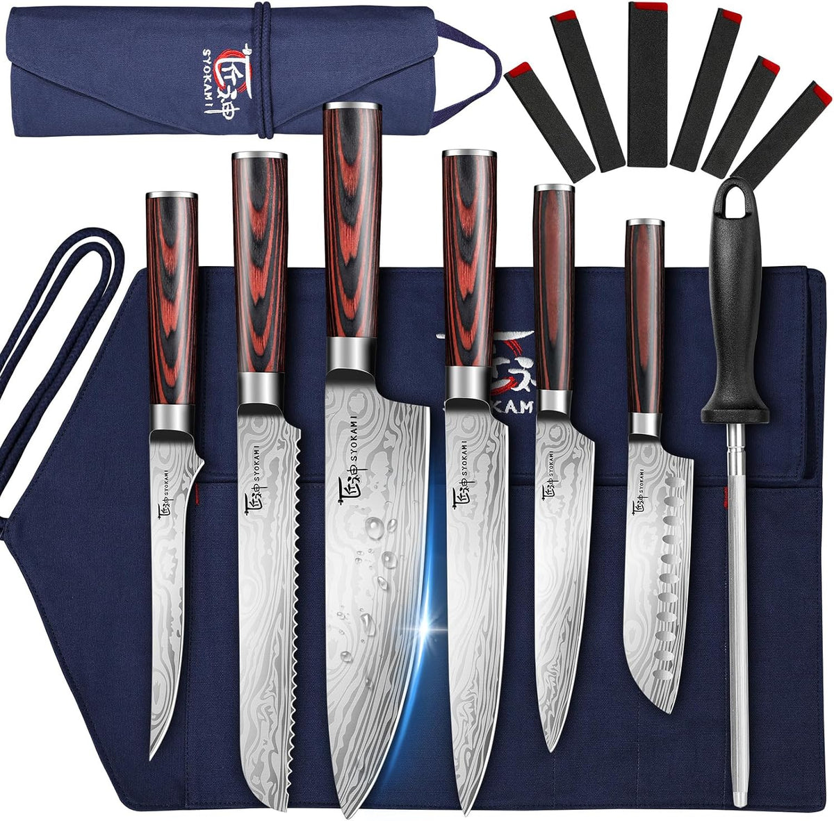 14-piece Chef Knife Set with Blue Roll Bag — Blue / 14 pieces