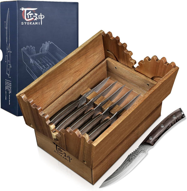 SYOKAMI 6 Steak Knives & Folding Wood Case