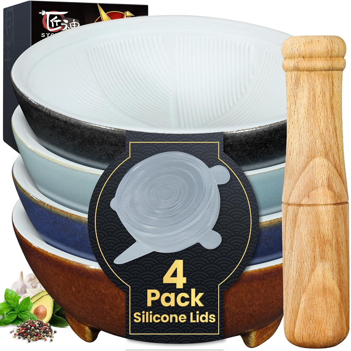4-Piece Ceramic Prep Bowls with Lids & Pestle — Four colors · 300 ml bowls, covers & pestle
