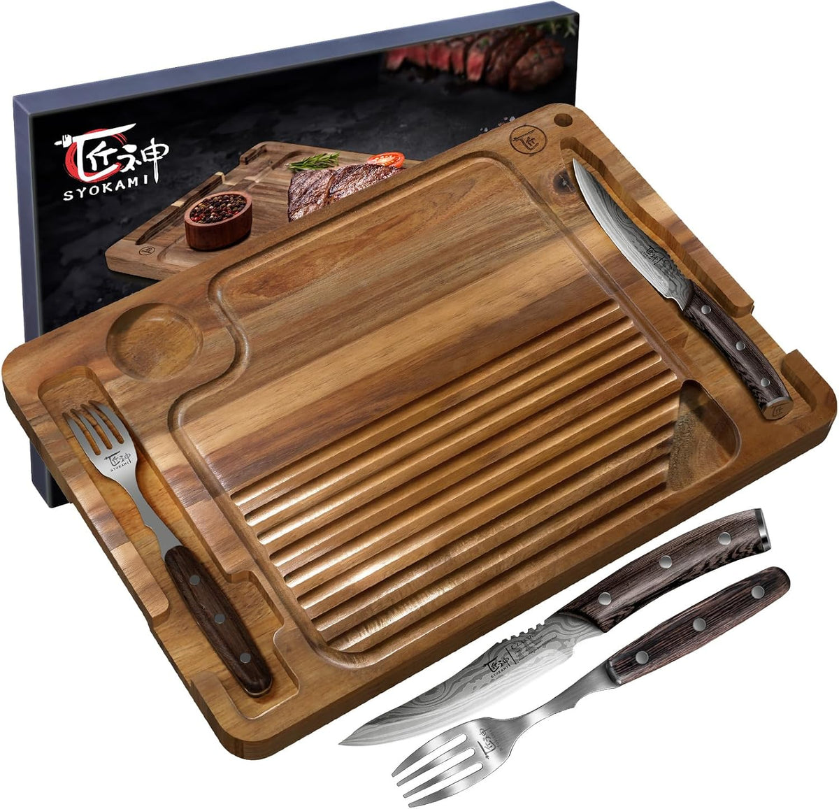 Acacia Steak Serving Board Set — Three-piece acacia serving set