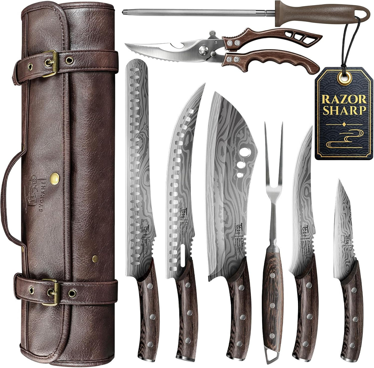 9-piece Butcher Knife Set with Leather Roll