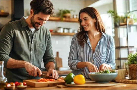 Two people preparing a meal together