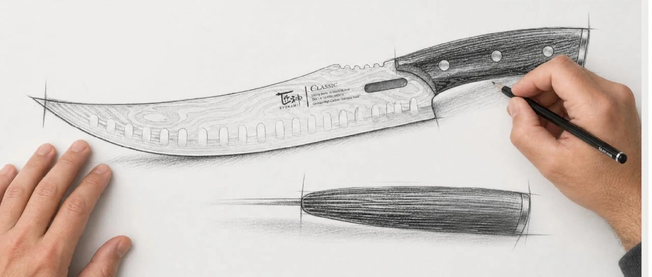 Hands drawing the SYOKAMI knife design in pencil