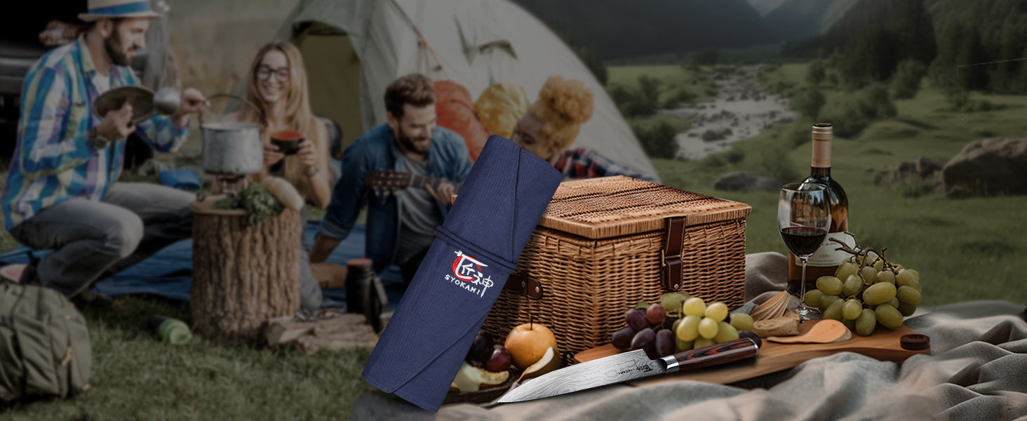 SYOKAMI 14-piece Chef Knife Set with Blue Roll Bag: blue knife roll at an outdoor shared meal