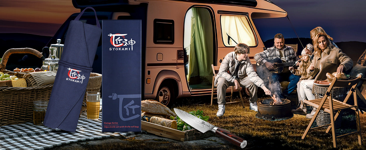 SYOKAMI 14-piece Chef Knife Set with Blue Roll Bag: blue roll and matching knives beside a camper