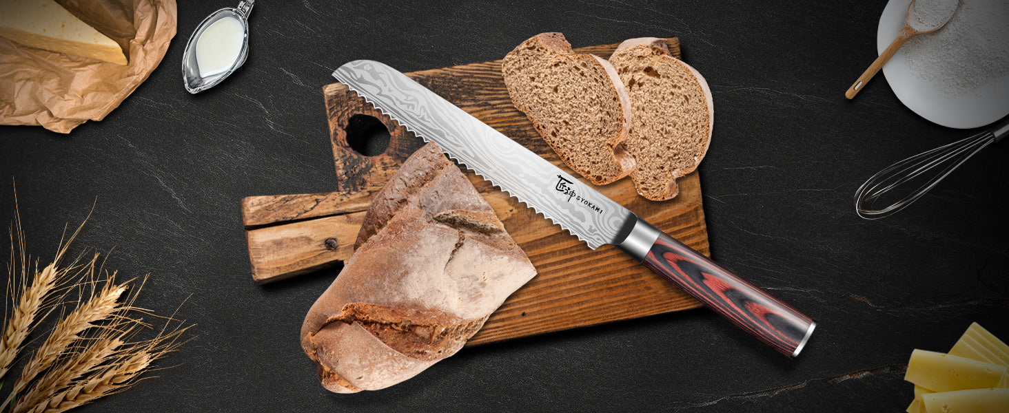 SYOKAMI 14-piece Chef Knife Set with Blue Roll Bag: serrated bread knife slicing a loaf