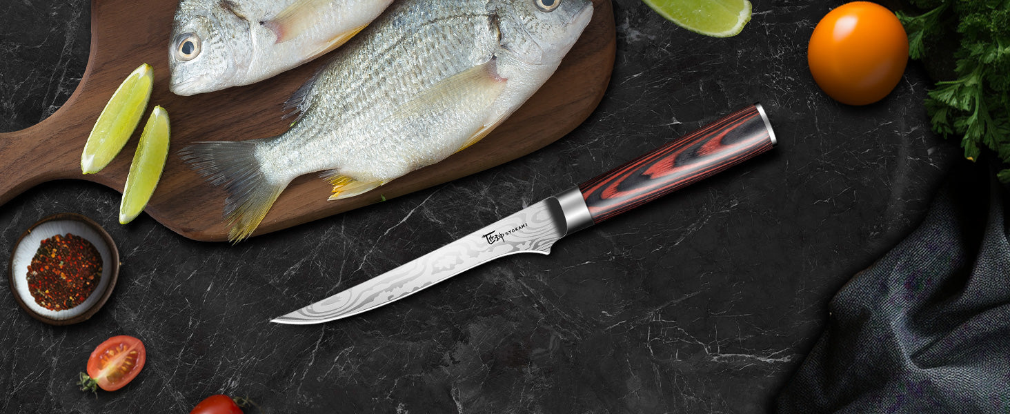 SYOKAMI 14-piece Chef Knife Set with Blue Roll Bag: narrow boning knife preparing fish