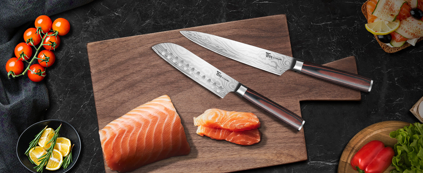 SYOKAMI 14-piece Chef Knife Set with Blue Roll Bag: utility and santoku profiles preparing smaller ingredients