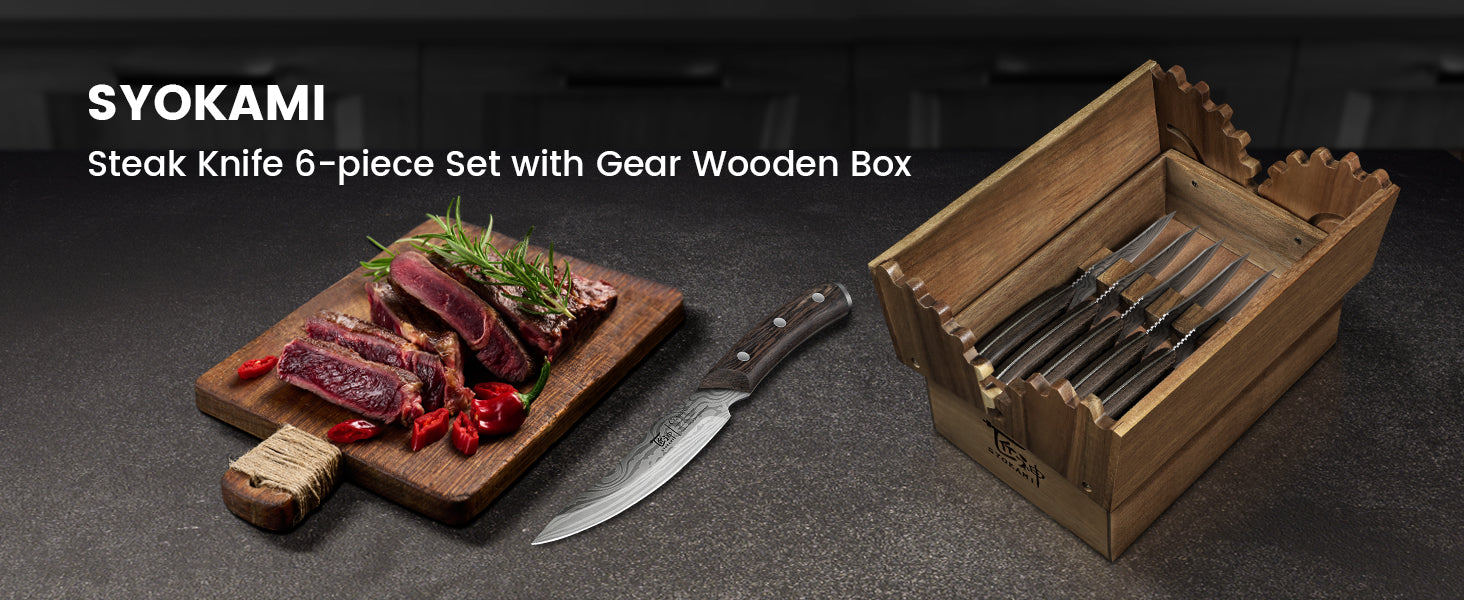 SYOKAMI 6 Steak Knives & Folding Wood Case: six plain-edge steak knives with the open folding wood storage case