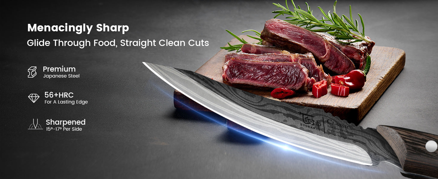 SYOKAMI 6 Steak Knives & Folding Wood Case: straight-edge steak knife slicing a cooked portion