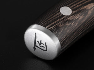 SYOKAMI 6 Steak Knives & Folding Wood Case: metal end cap and natural wood grain