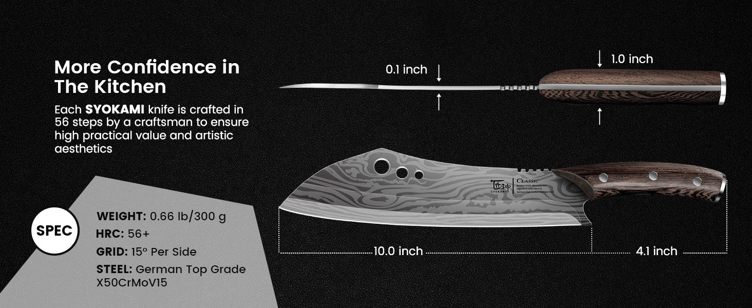 SYOKAMI 10-inch Butcher Knife with Herb Stripper: blade and handle dimensions