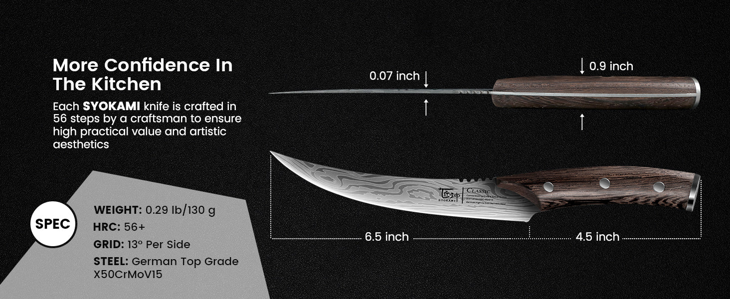 SYOKAMI 6.5-inch Curved Boning Knife: blade and handle dimensions