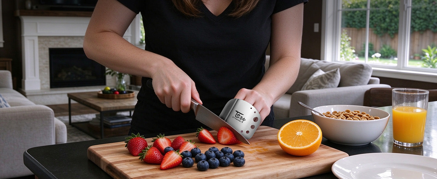SYOKAMI Stainless Steel Finger Guards, 2-Pack: Keep fruit preparation deliberate.