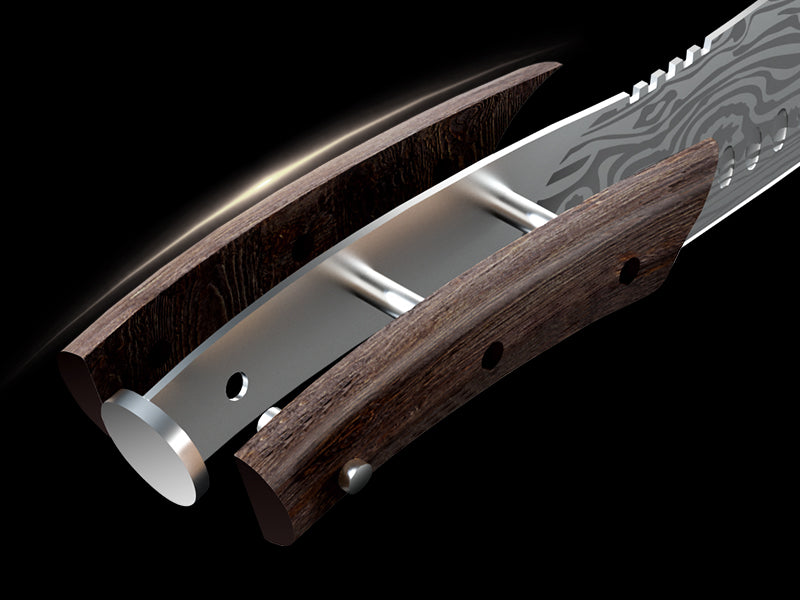 SYOKAMI 7-inch Asian Chef Knife with Herb Stripper: Connected from blade to handle.