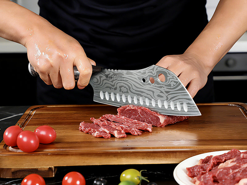 SYOKAMI 7-inch Asian Chef Knife with Herb Stripper: Natural grain. A shaped hold.
