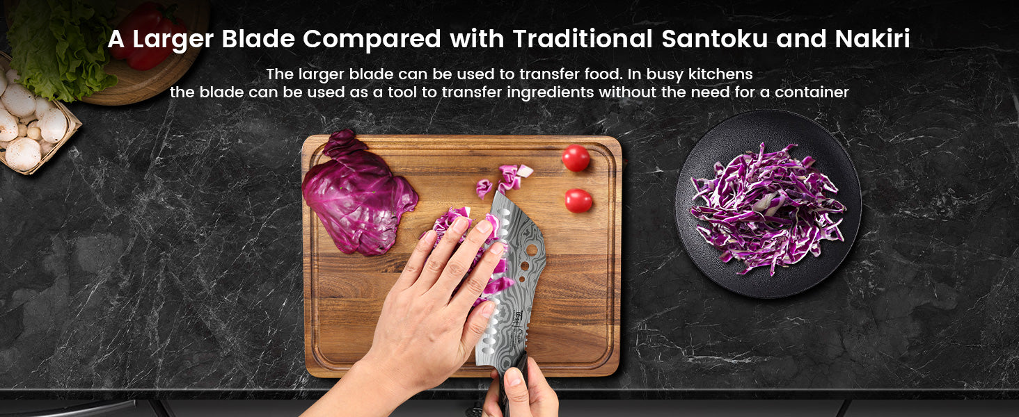 SYOKAMI 7-inch Asian Chef Knife with Herb Stripper: Transfer prepared ingredients.