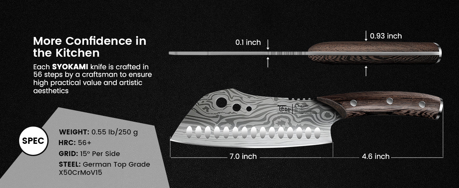 SYOKAMI 7-inch Asian Chef Knife with Herb Stripper: blade and handle dimensions
