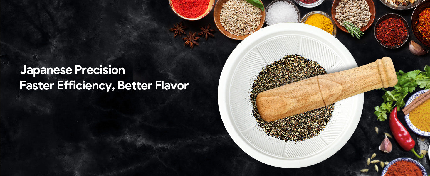 SYOKAMI Ceramic-Lined Mortar & Pestle, 2-Cup: ridged ceramic interior with wooden pestle and culinary spices