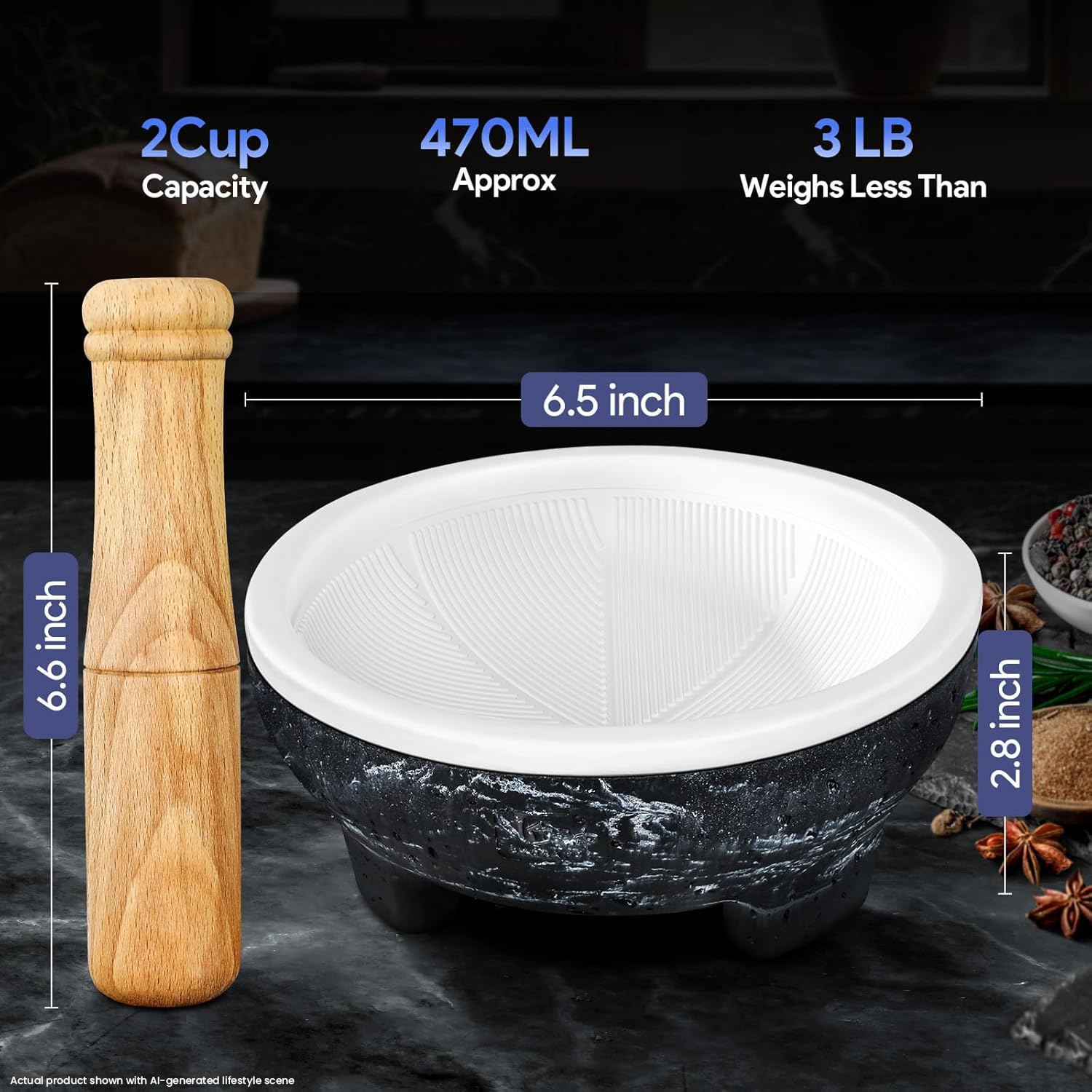 SYOKAMI Ceramic-Lined Mortar & Pestle, 2-Cup: manufacturer capacity and approximate mortar and pestle dimensions
