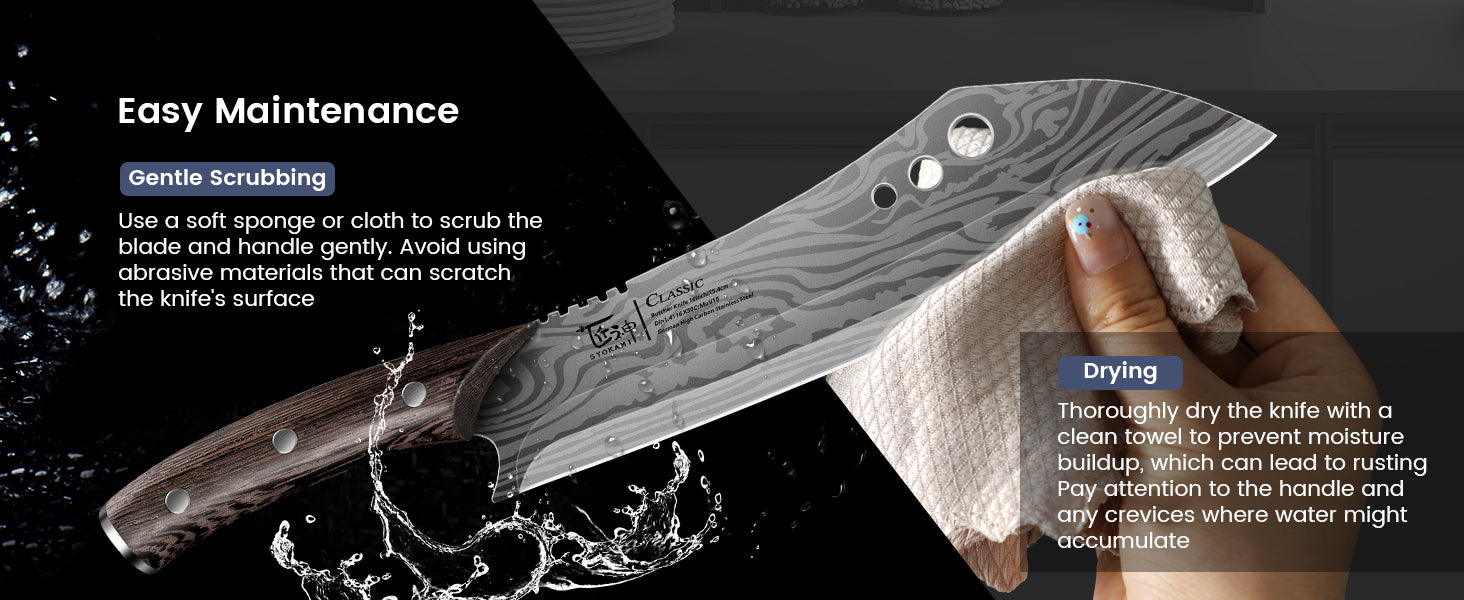 SYOKAMI 3-piece Butcher Knife Set: gently hand washing the patterned butcher blade