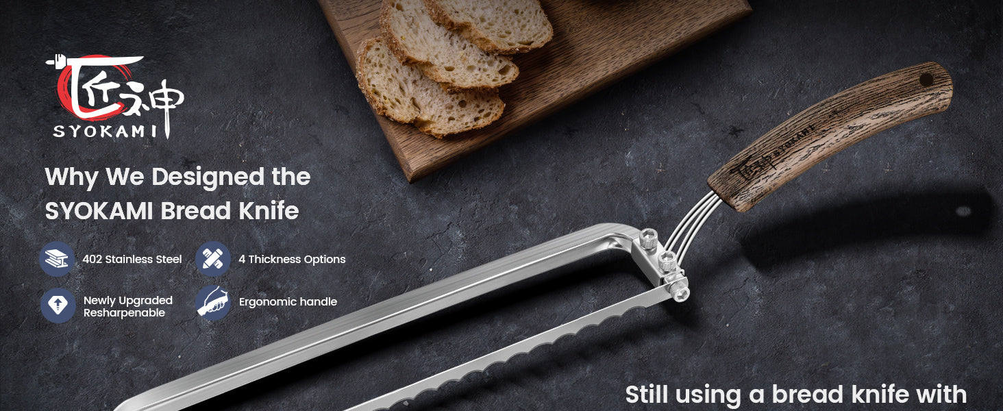 SYOKAMI Bow-Frame Bread Knife: bow-frame bread knife with offset wood handle