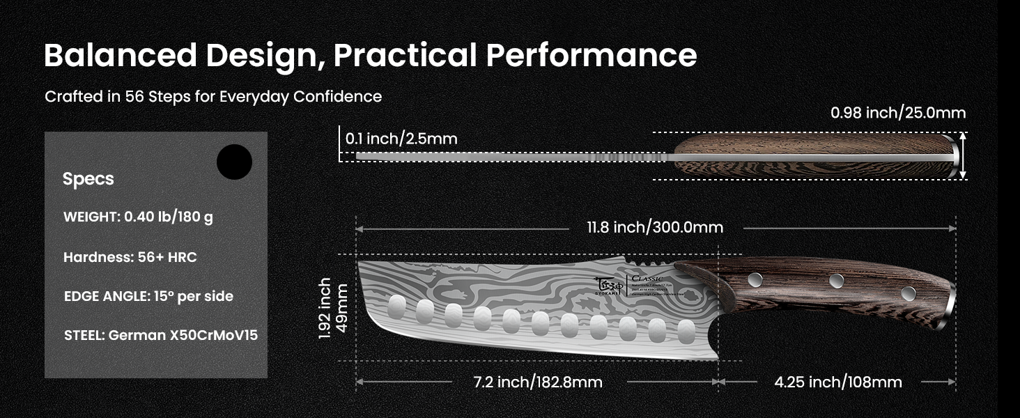 SYOKAMI 7.2-inch Nakiri Vegetable Knife: blade and handle dimensions