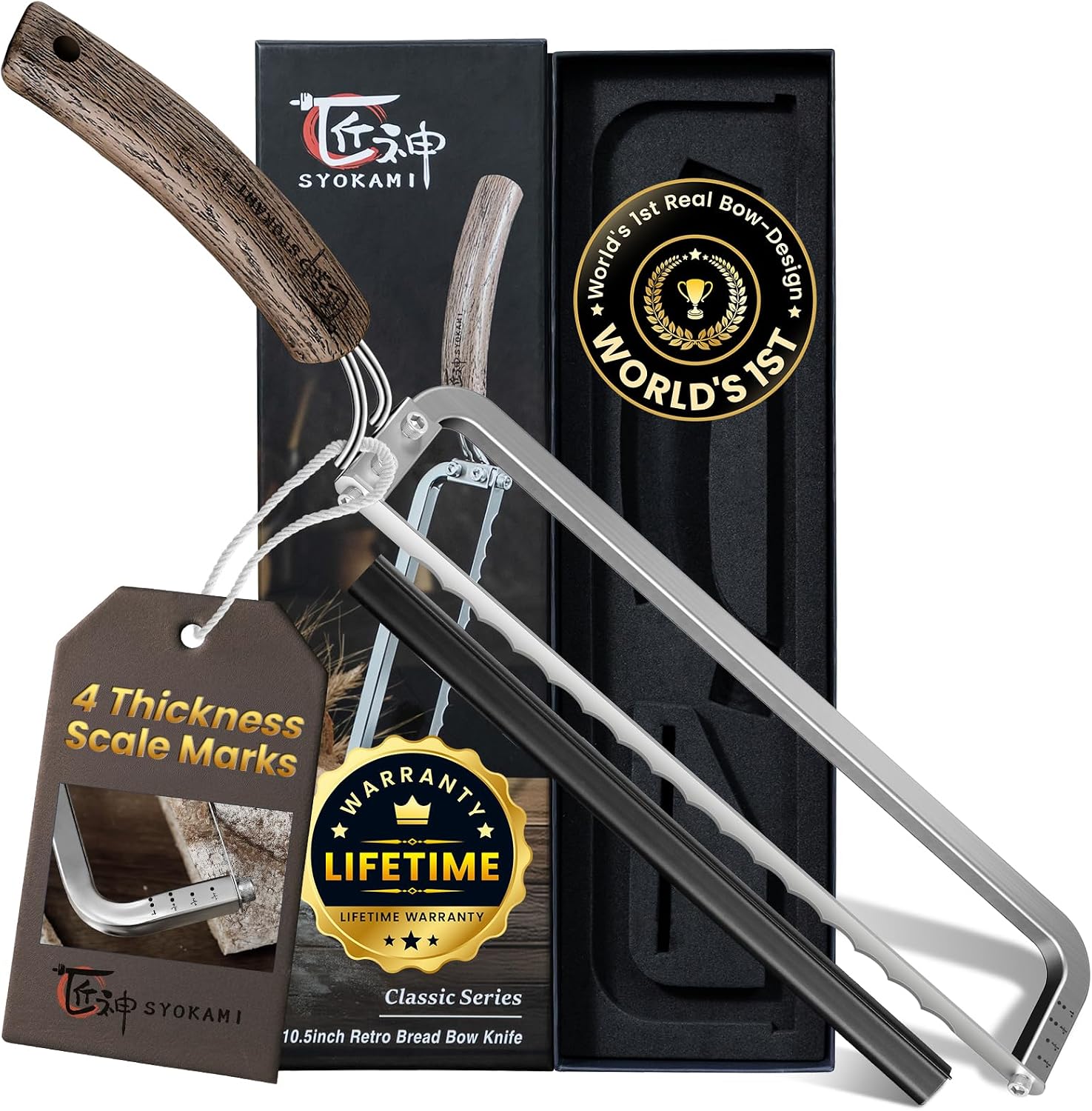 SYOKAMI Bow-Frame Bread Knife: left-handed bow-frame bread knife with blade cover and gift packaging