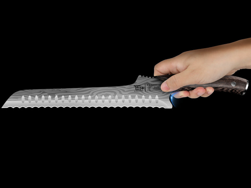 SYOKAMI 10.5-inch Offset Bread Knife: A broad blade with useful reach.