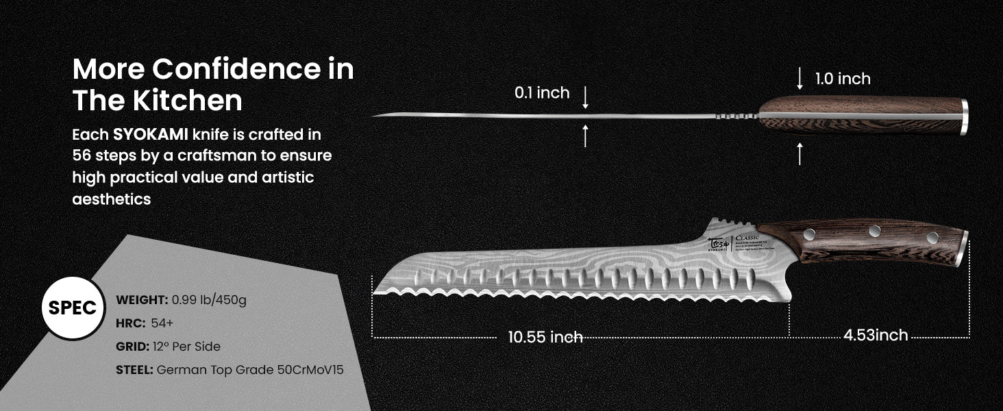 SYOKAMI 10.5-inch Offset Bread Knife: blade and handle dimensions