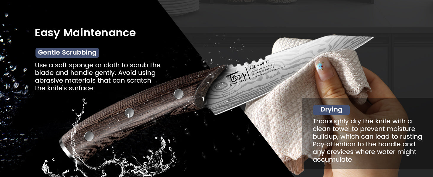 SYOKAMI 4-inch Paring Knife with Cover: Finish with a clean, dry blade.
