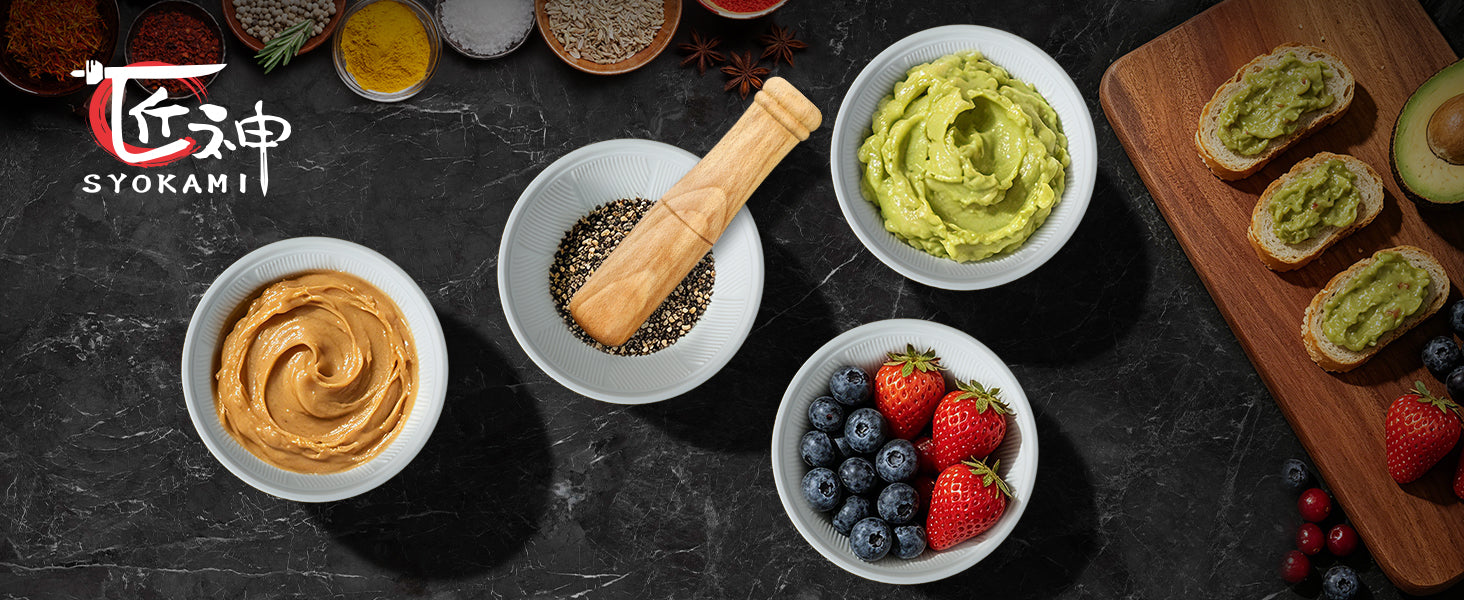 SYOKAMI 4-Piece Ceramic Prep Bowls with Lids & Pestle: four glazed ceramic prep bowls with wooden pestle, dips and culinary ingredients