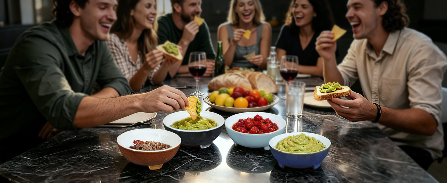 SYOKAMI 4-Piece Ceramic Prep Bowls with Lids & Pestle: A selection of dips to share.