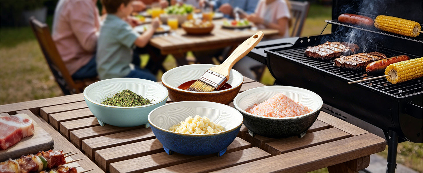 SYOKAMI 4-Piece Ceramic Prep Bowls with Lids & Pestle: Seasonings ready by the grill.