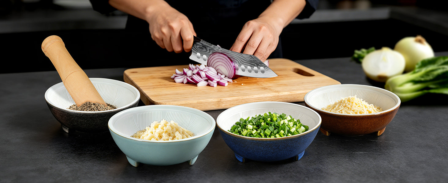SYOKAMI 4-Piece Ceramic Prep Bowls with Lids & Pestle: Give each ingredient a place.