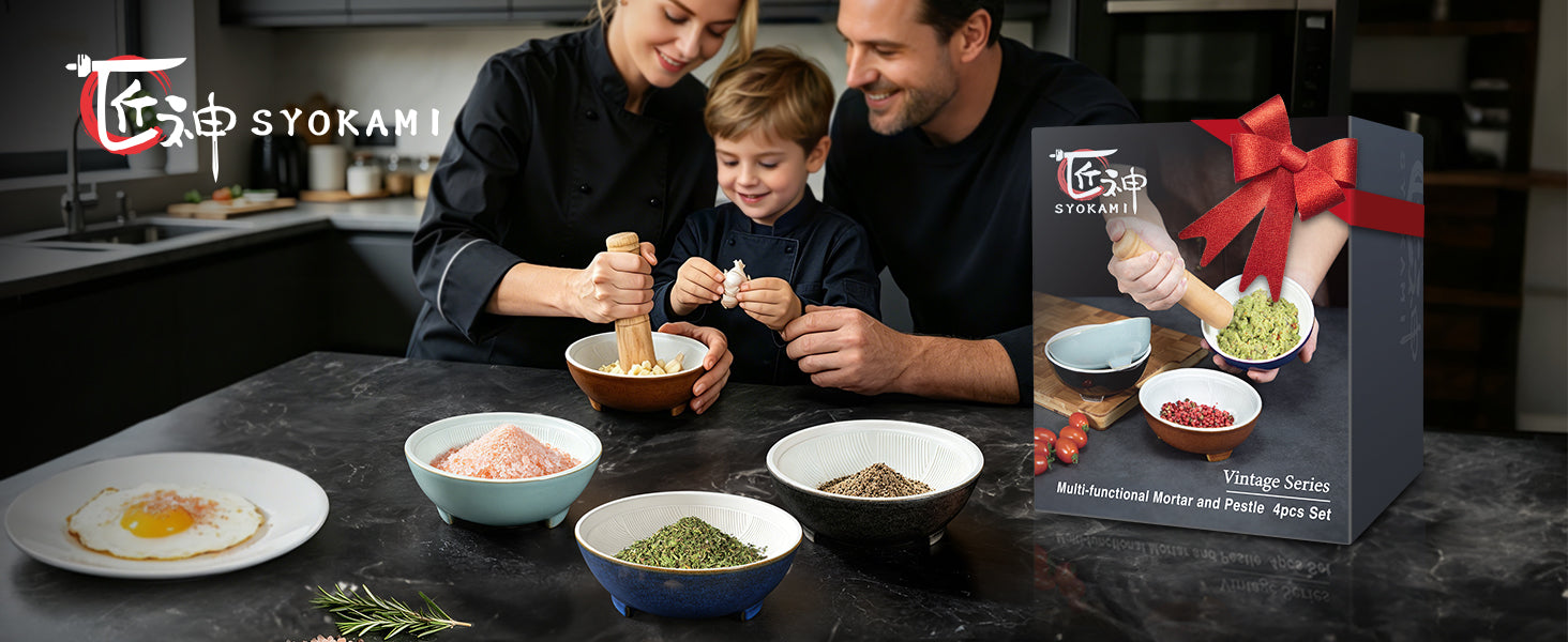 SYOKAMI 4-Piece Ceramic Prep Bowls with Lids & Pestle: A practical set, ready to give.