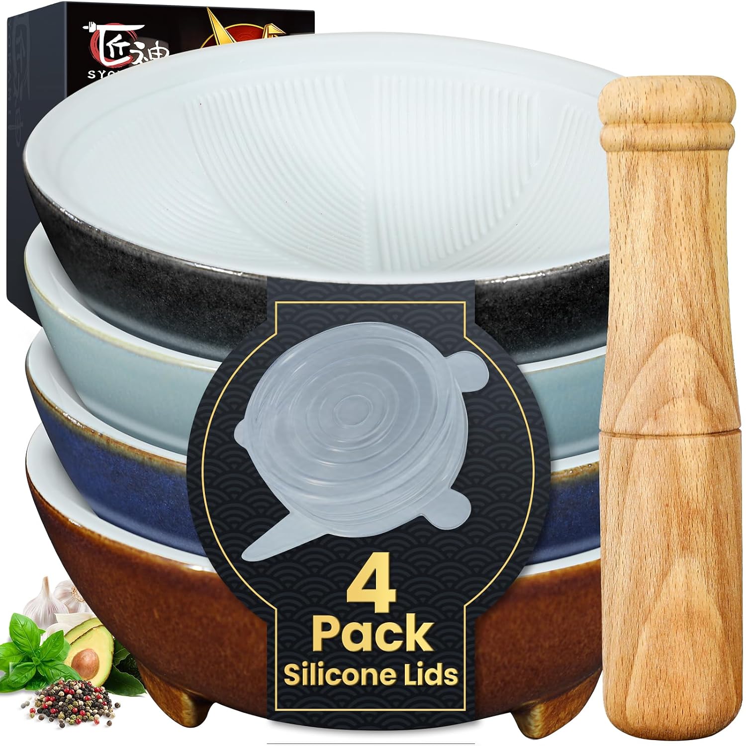SYOKAMI 4-Piece Ceramic Prep Bowls with Lids & Pestle: four ceramic bowls, silicone covers and one shared wooden pestle in gift packaging