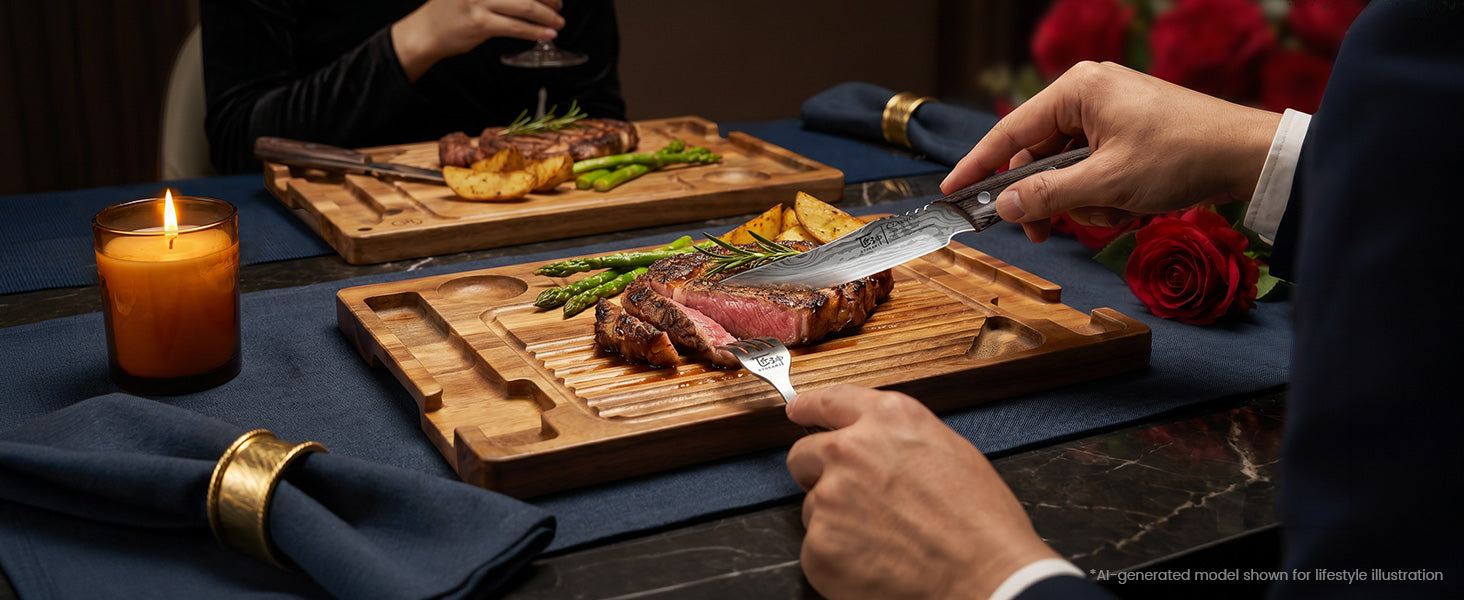SYOKAMI Acacia Steak Serving Board Set: acacia steak serving board with matching knife and fork at a dinner table