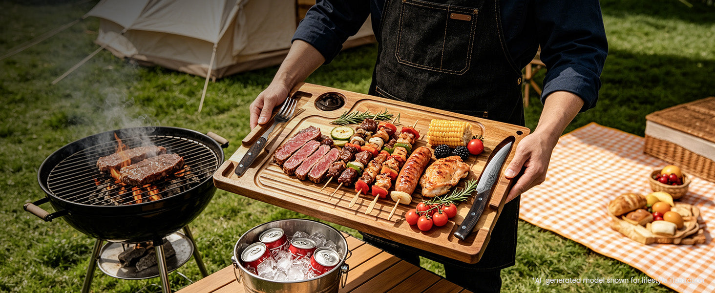 SYOKAMI Acacia Steak Serving Board Set: Bring the barbecue to the board.