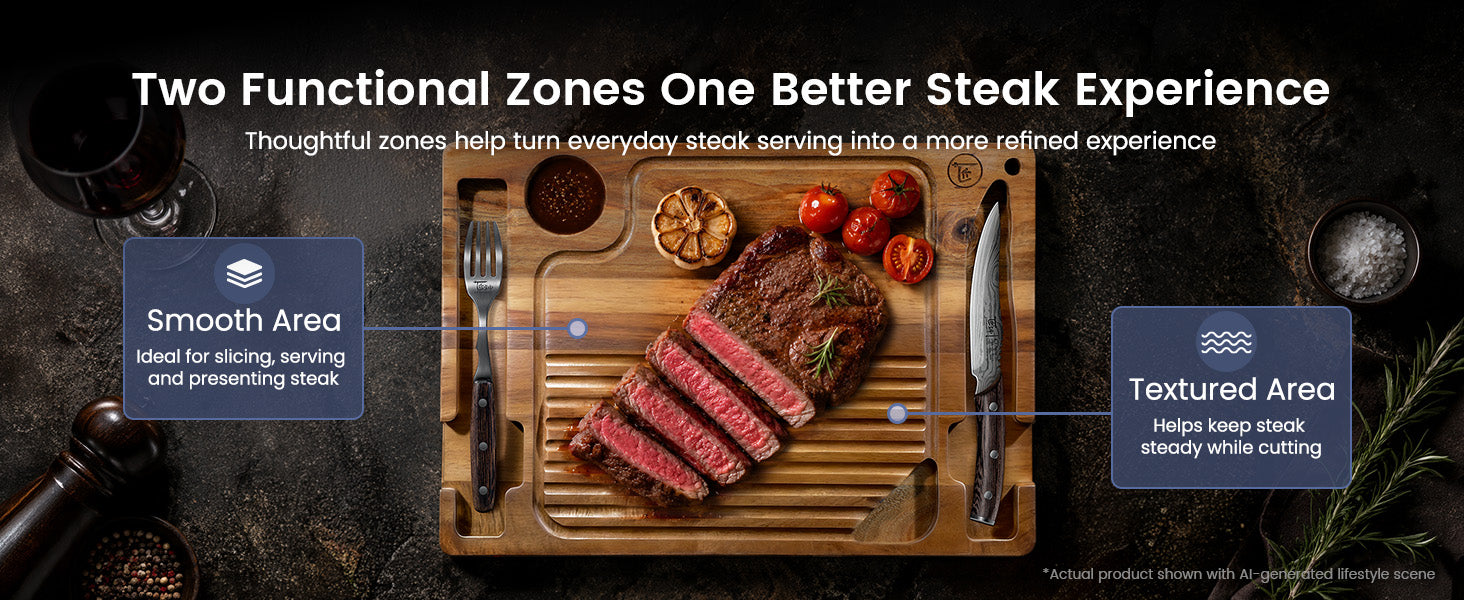 SYOKAMI Acacia Steak Serving Board Set: Choose a place to slice and serve.