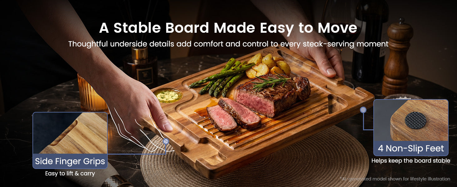 SYOKAMI Acacia Steak Serving Board Set: A defined grip at each side.
