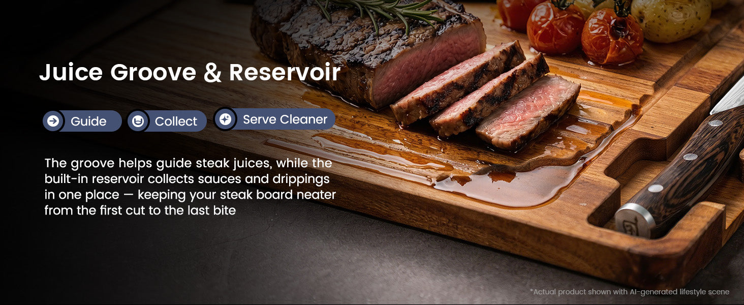 SYOKAMI Acacia Steak Serving Board Set: Give the juices a channel.