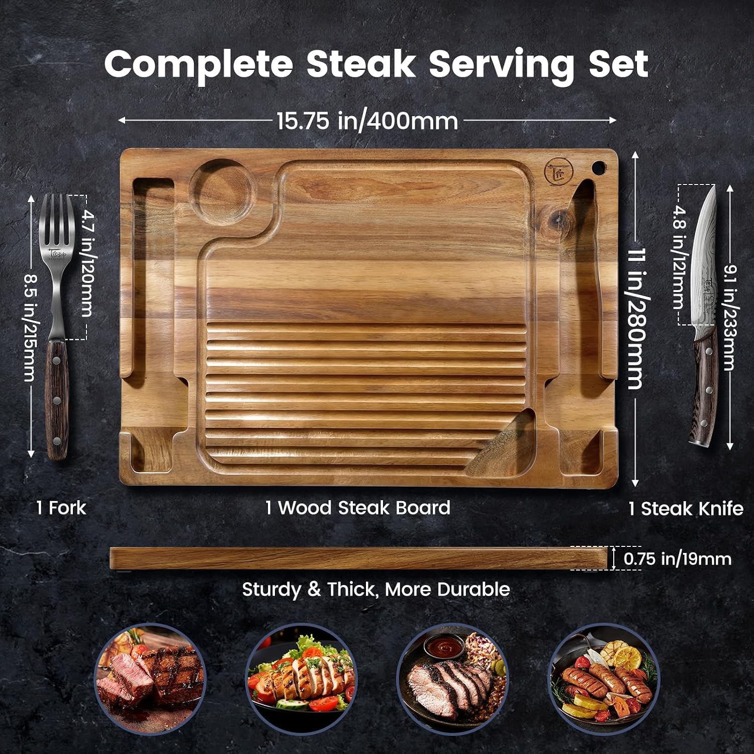 SYOKAMI Acacia Steak Serving Board Set: manufacturer diagram of the board dimensions, 4.8-inch knife blade and included fork