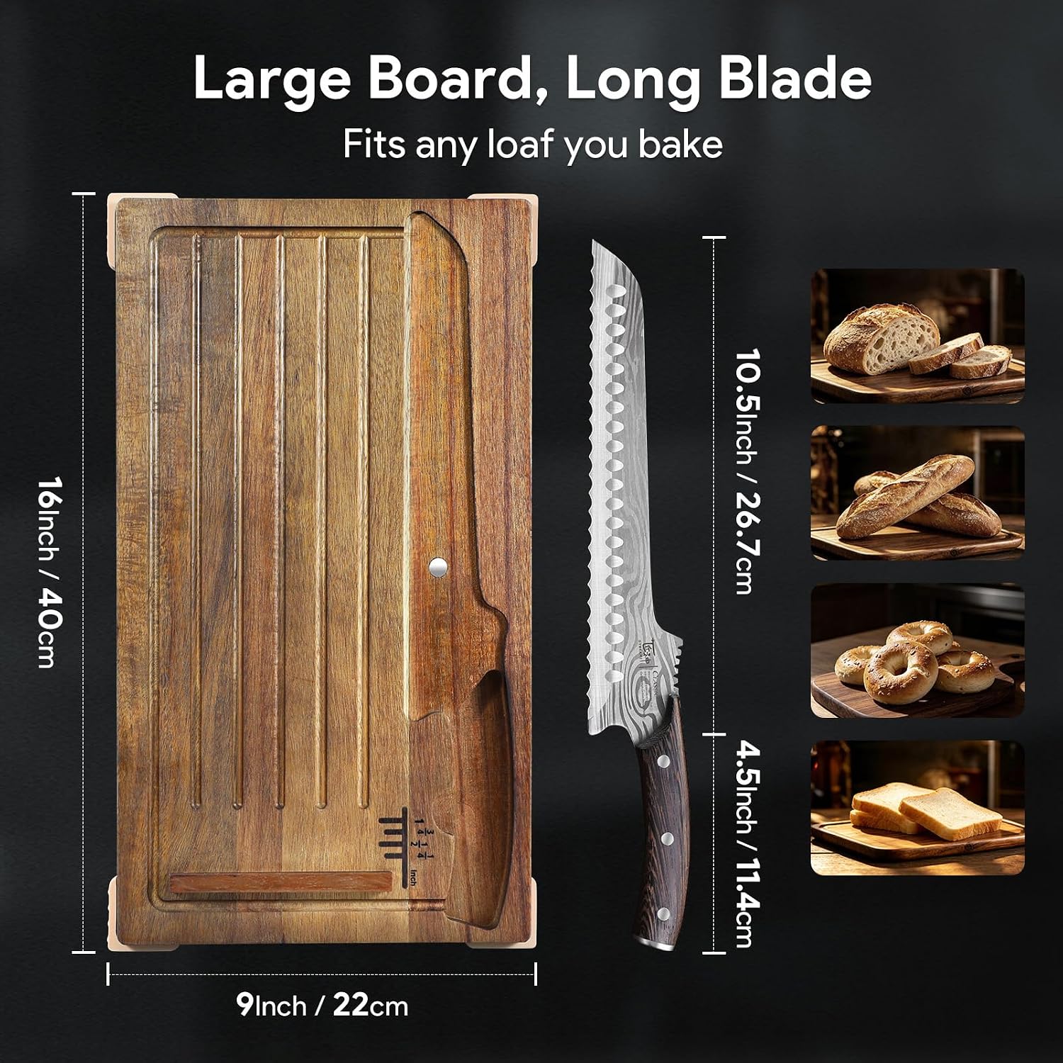 SYOKAMI Acacia Bread Board & Offset Knife Set: manufacturer diagram of the 16 x 9-inch bread board and 10.5-inch knife blade