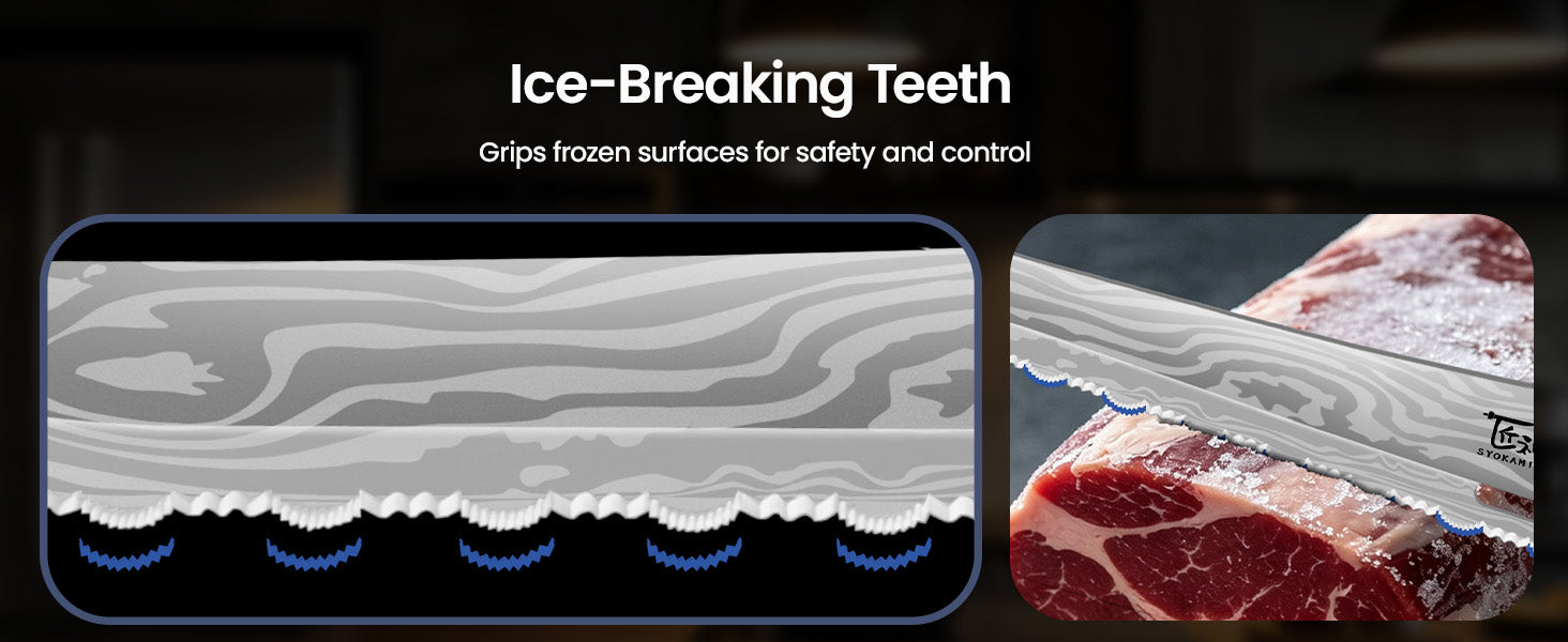 SYOKAMI 10-inch Fork-Tip Serrated Slicing Knife: Start the cut with a considered motion.