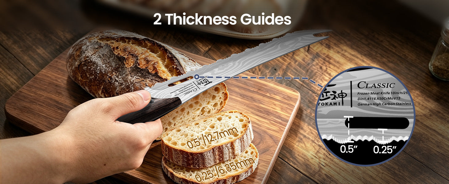 SYOKAMI 10-inch Fork-Tip Serrated Slicing Knife: manufacturer visual references for approximately one-quarter-inch and one-half-inch slices