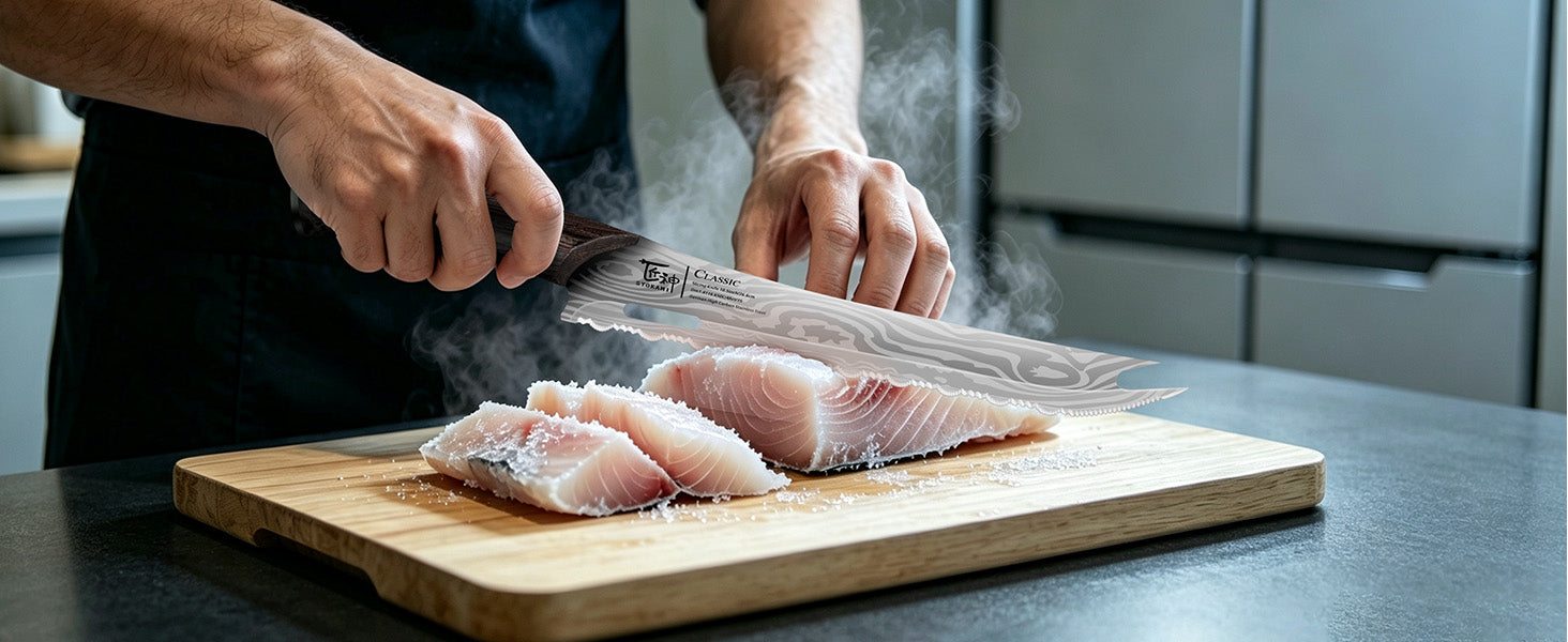 SYOKAMI 10-inch Fork-Tip Serrated Slicing Knife: Prepare boneless fish portions.
