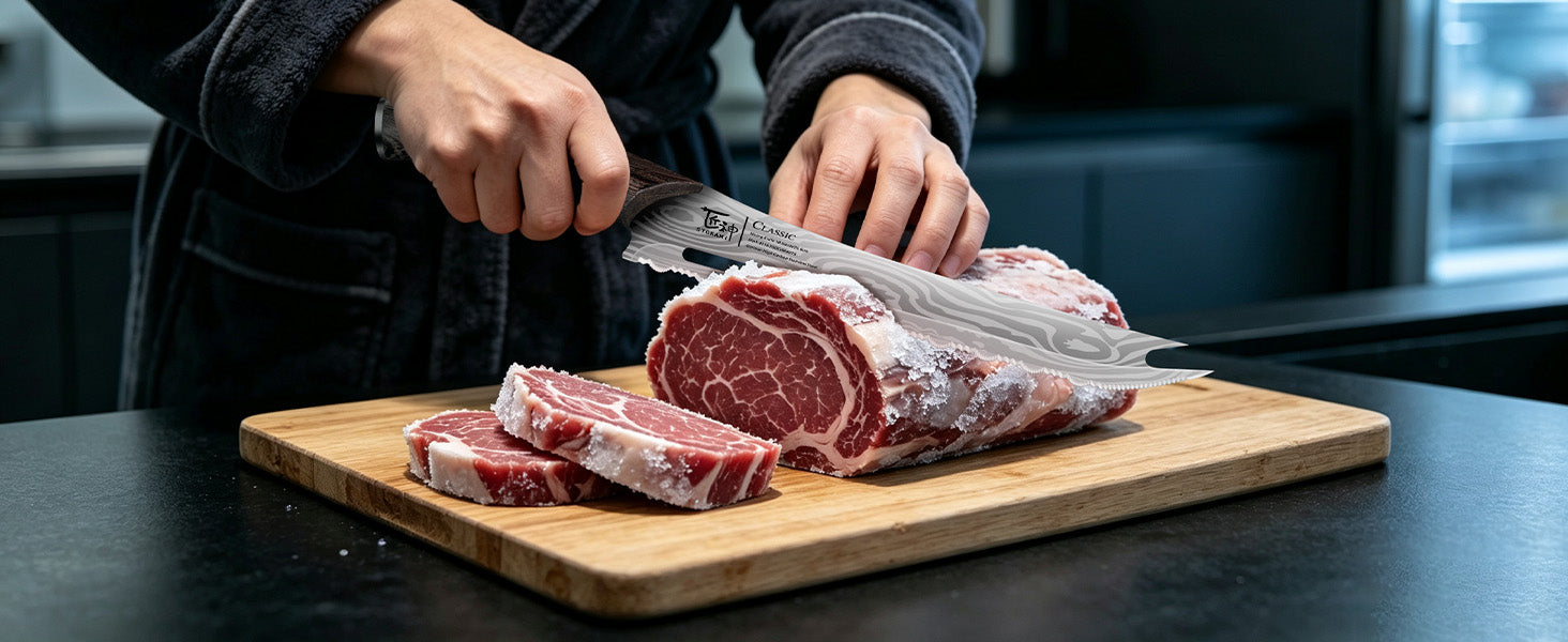 SYOKAMI 10-inch Fork-Tip Serrated Slicing Knife: Portion boneless meat.