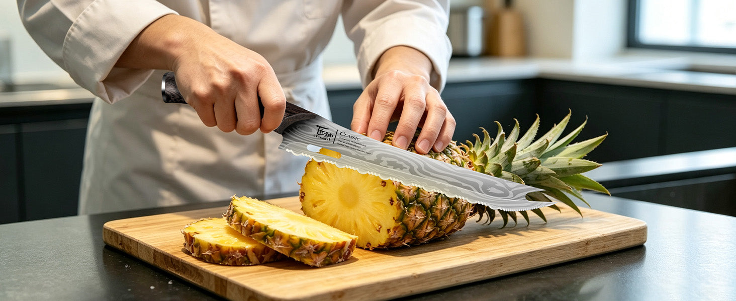 SYOKAMI 10-inch Fork-Tip Serrated Slicing Knife: Prepare suitable firm produce.