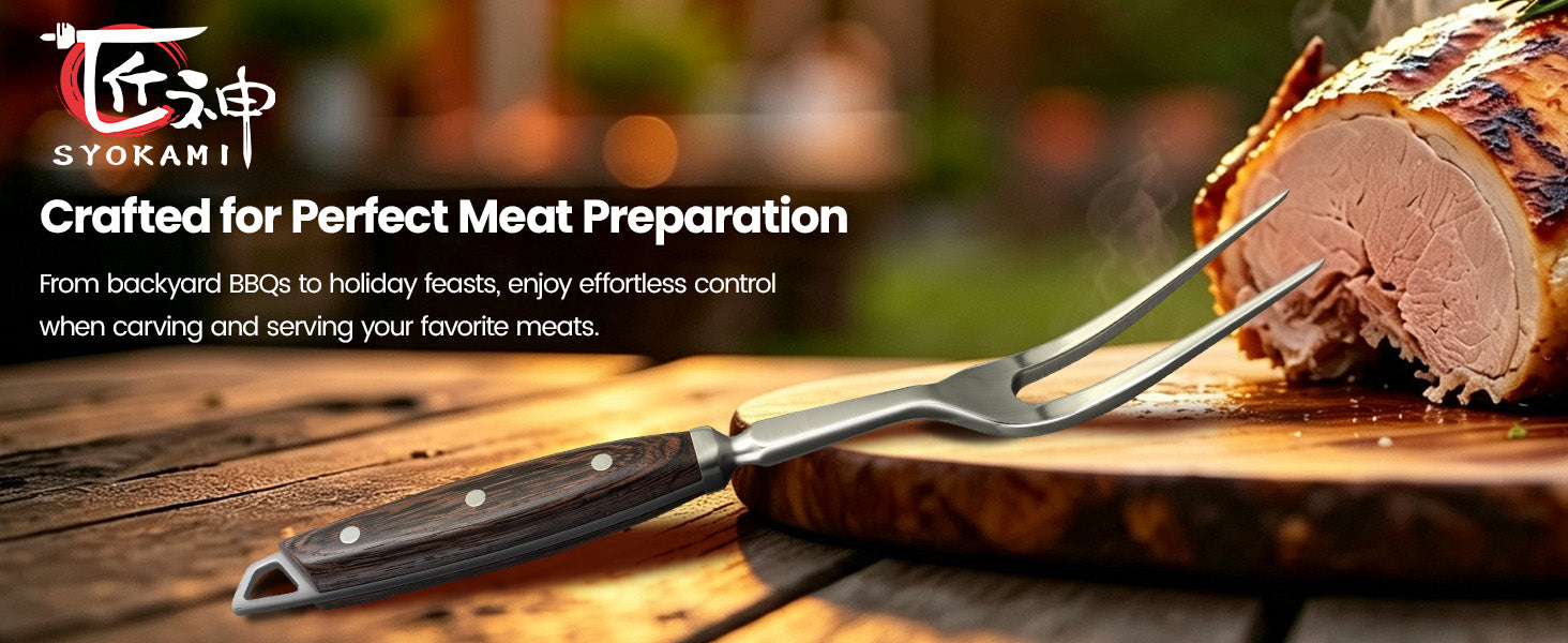 SYOKAMI 12-inch Stainless Steel Carving Fork: two-pronged carving fork with wood handle beside a prepared roast